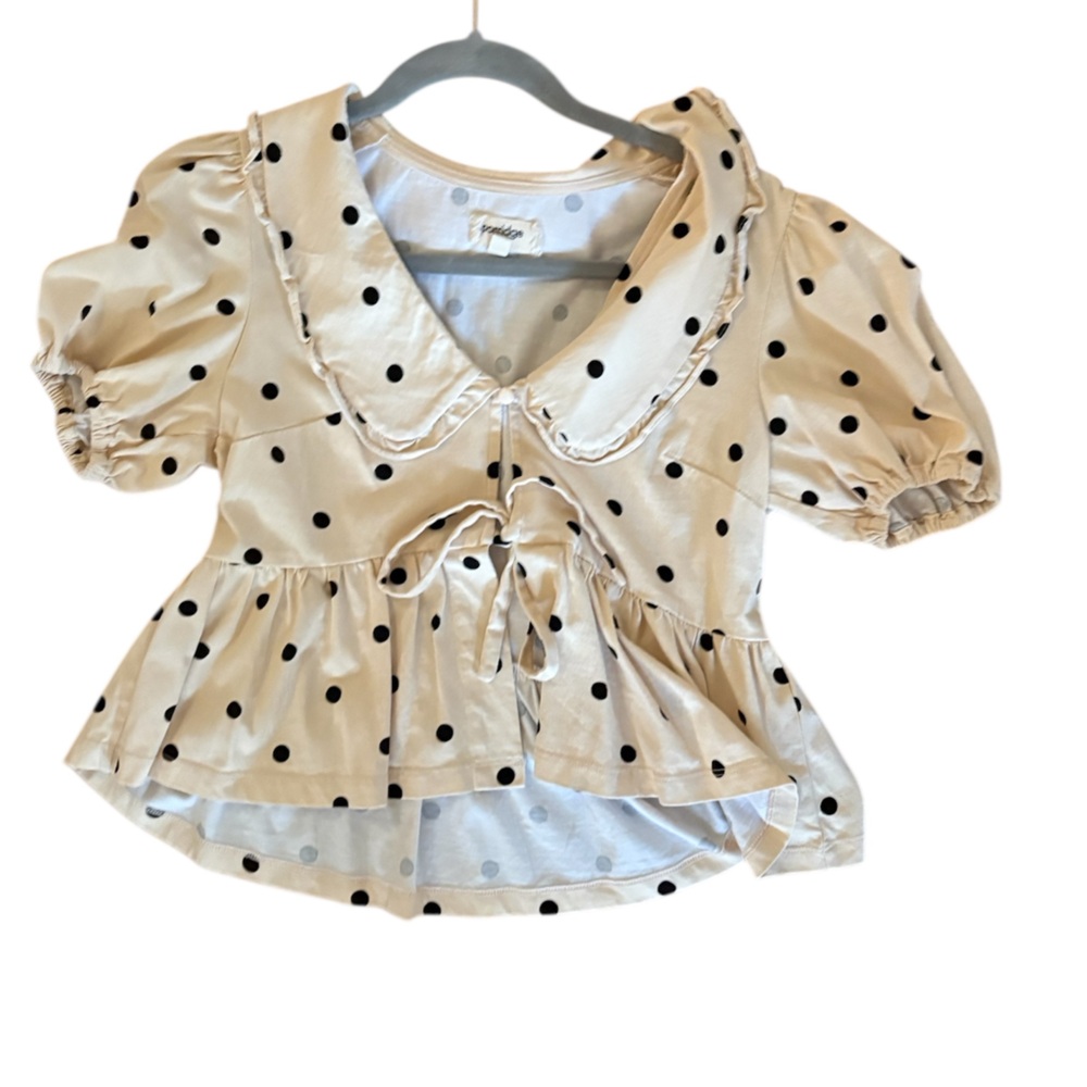 Cream Polka Dot Puff Sleeve Peplum Top